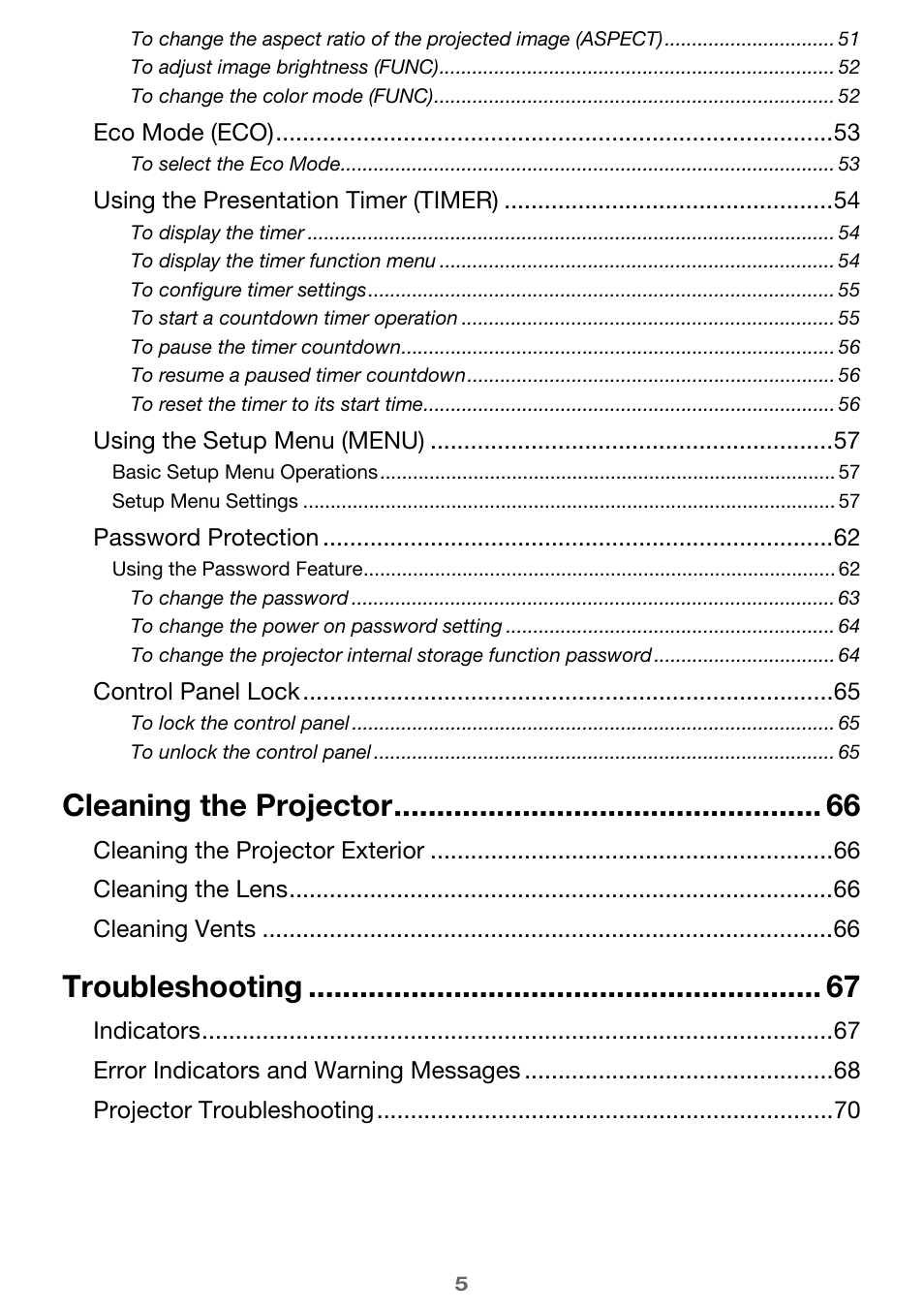 Cleaning the projector, Troubleshooting | Casio XJ-A142 User Guide User Manual | Page 5 / 103