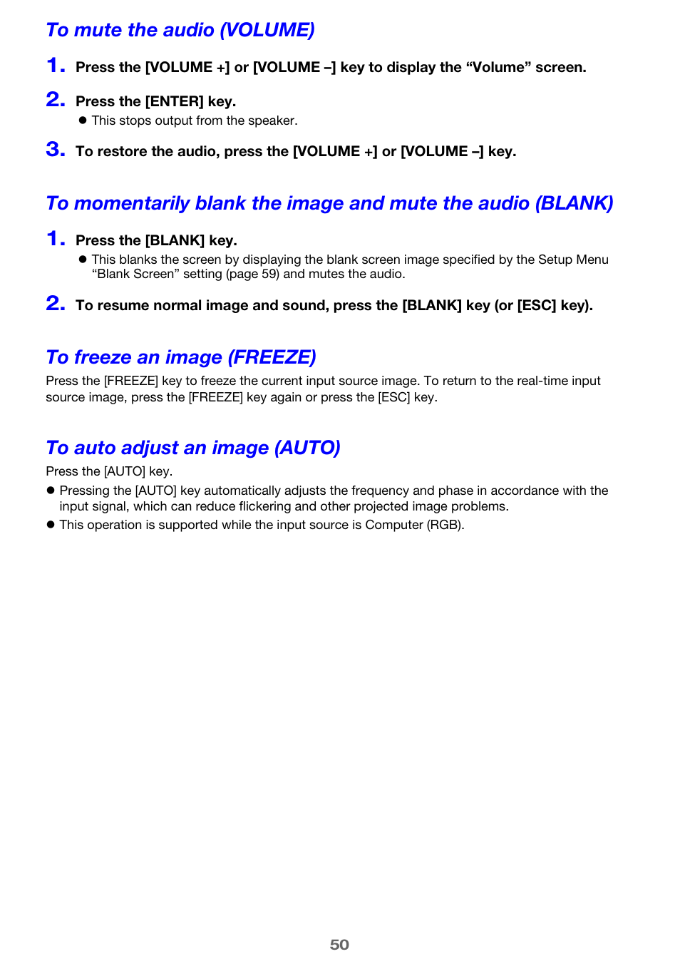 To mute the audio (volume), To freeze an image (freeze), To auto adjust an image (auto) | Casio XJ-A142 User Guide User Manual | Page 50 / 103