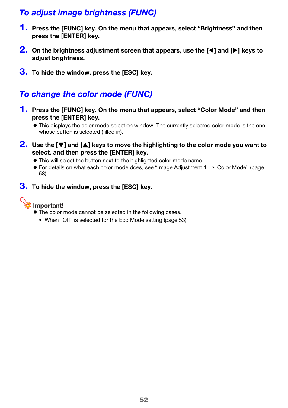 To adjust image brightness (func), To change the color mode (func) | Casio XJ-A142 User Guide User Manual | Page 52 / 103