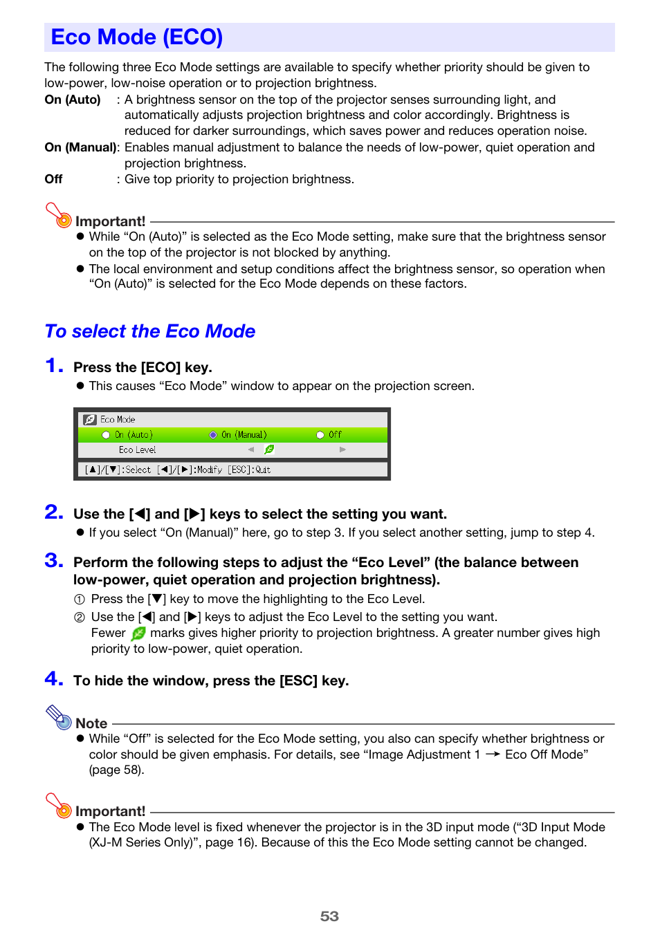 Eco mode (eco), To select the eco mode | Casio XJ-A142 User Guide User Manual | Page 53 / 103