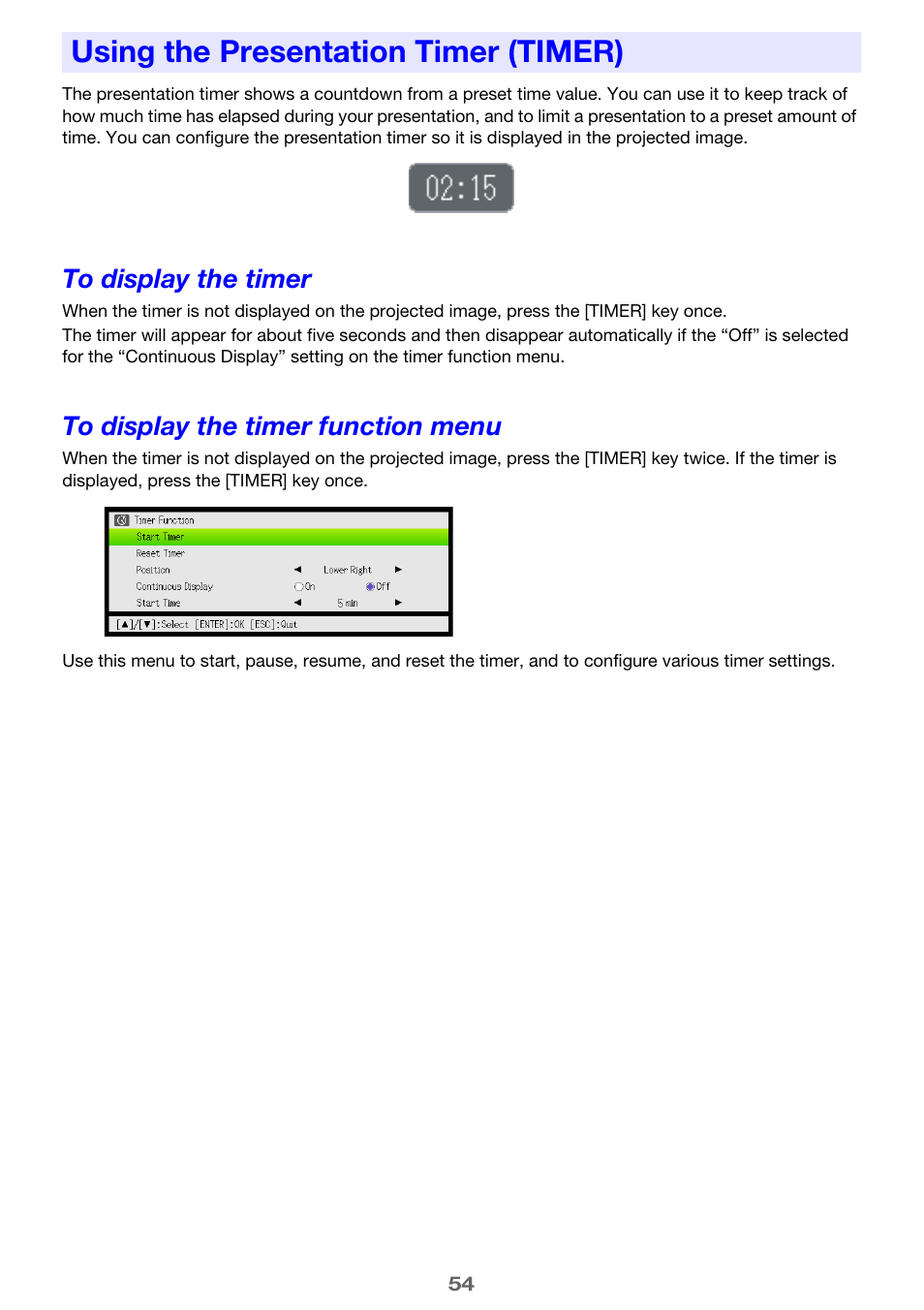 Using the presentation timer (timer), To display the timer, To display the timer function menu | Casio XJ-A142 User Guide User Manual | Page 54 / 103