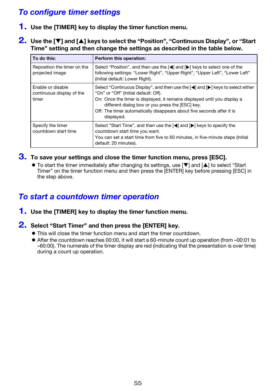 To configure timer settings, To start a countdown timer operation | Casio XJ-A142 User Guide User Manual | Page 55 / 103