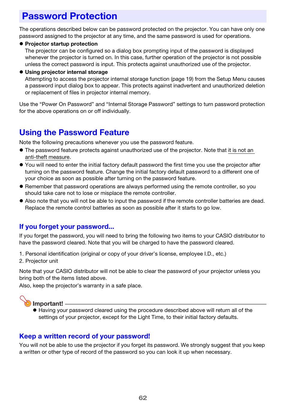 Password protection, Using the password feature, E 62) | Casio XJ-A142 User Guide User Manual | Page 62 / 103