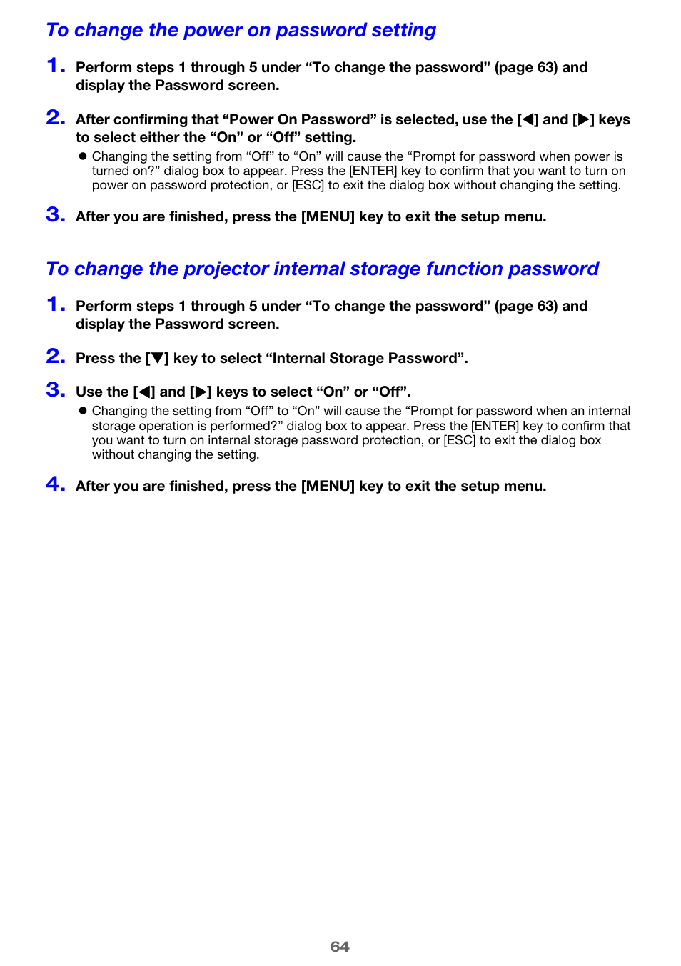 To change the power on password setting | Casio XJ-A142 User Guide User Manual | Page 64 / 103