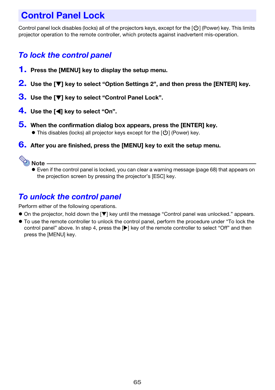 Control panel lock, To lock the control panel, To unlock the control panel | E “control panel lock” (pa, E 65) fo | Casio XJ-A142 User Guide User Manual | Page 65 / 103