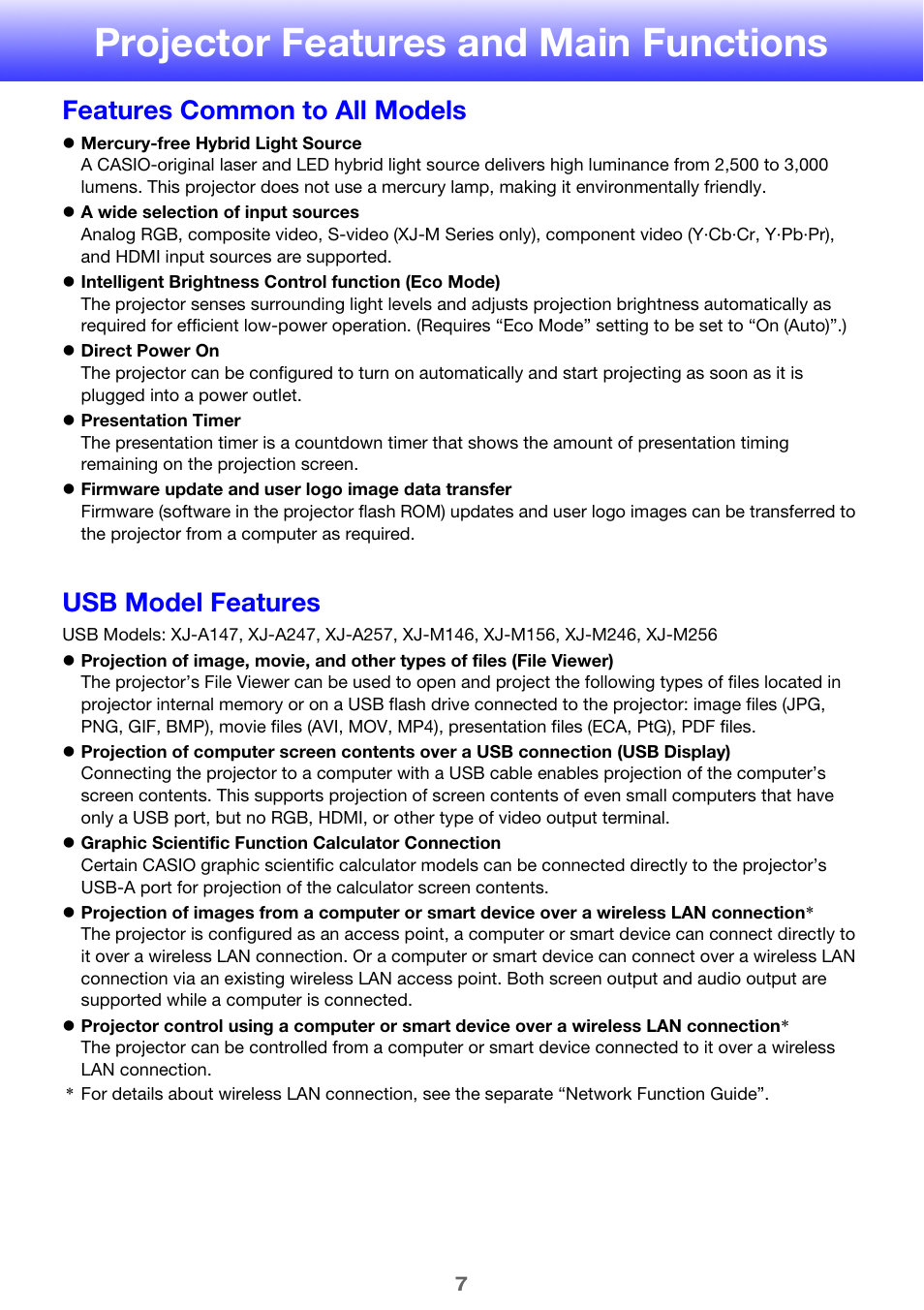 Projector features and main functions, Features common to all models, Usb model features | Casio XJ-A142 User Guide User Manual | Page 7 / 103