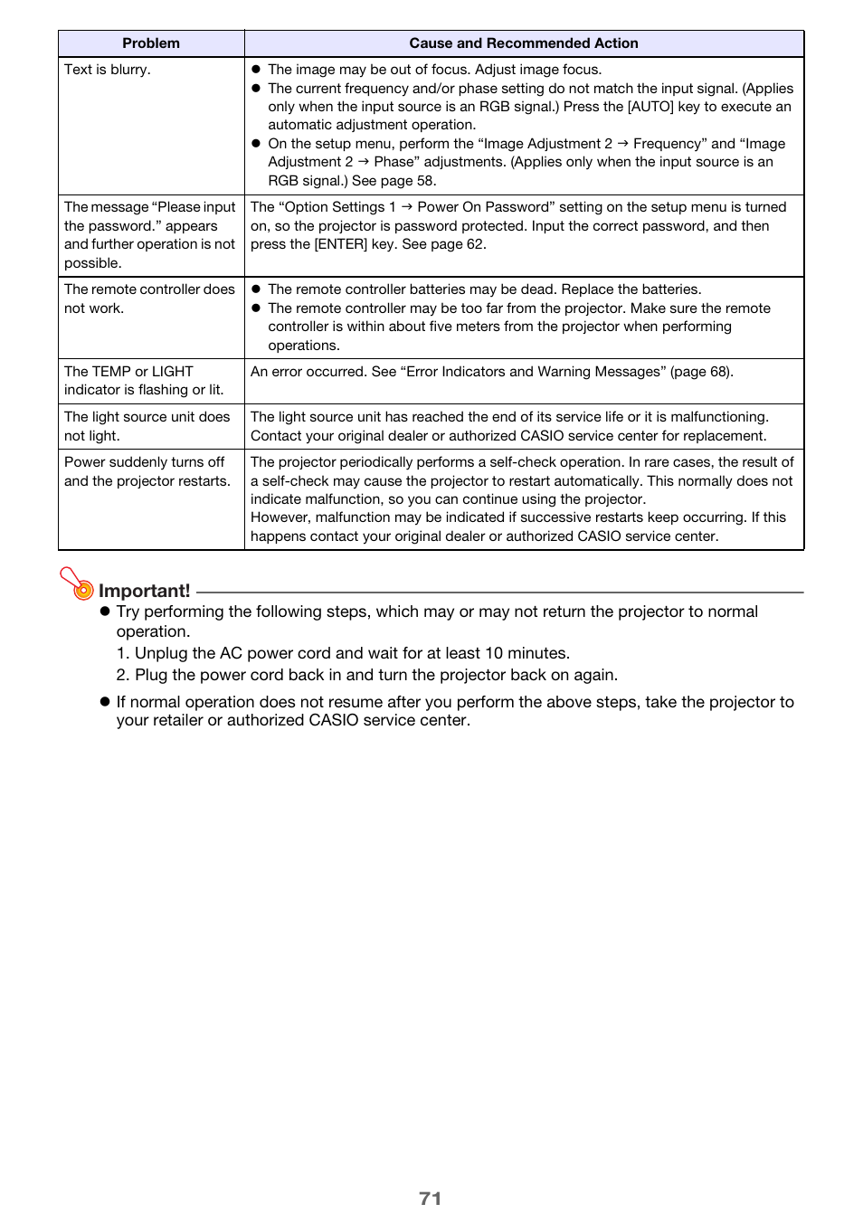 71 important | Casio XJ-A142 User Guide User Manual | Page 71 / 103