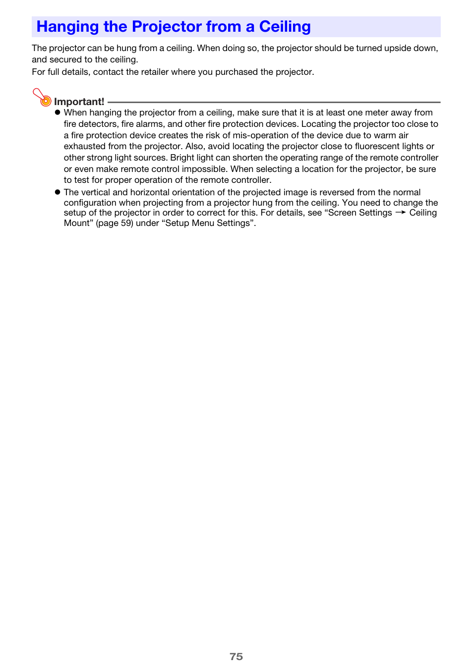 Hanging the projector from a ceiling | Casio XJ-A142 User Guide User Manual | Page 75 / 103