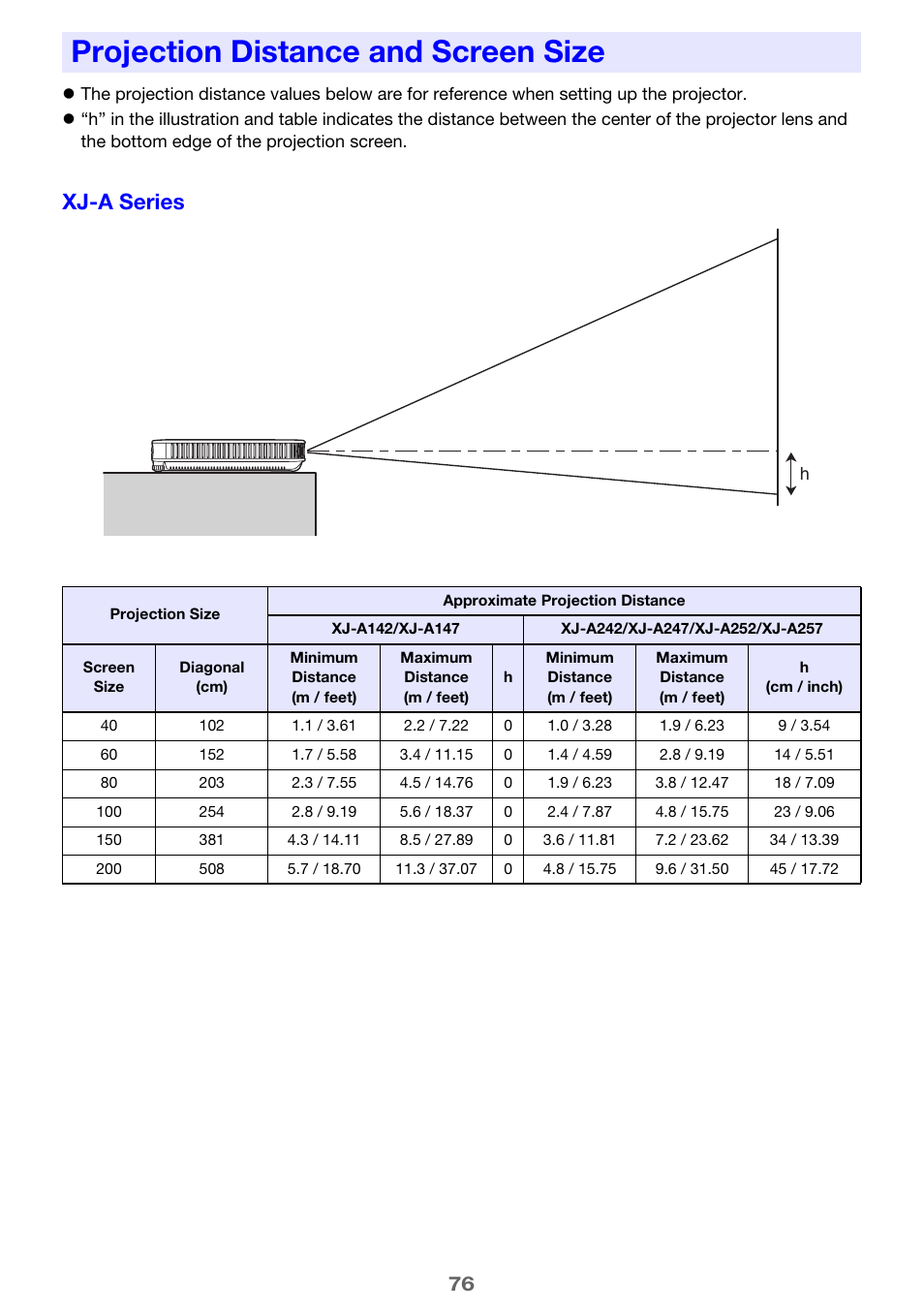 Projection distance and screen size, Xj-a series | Casio XJ-A142 User Guide User Manual | Page 76 / 103