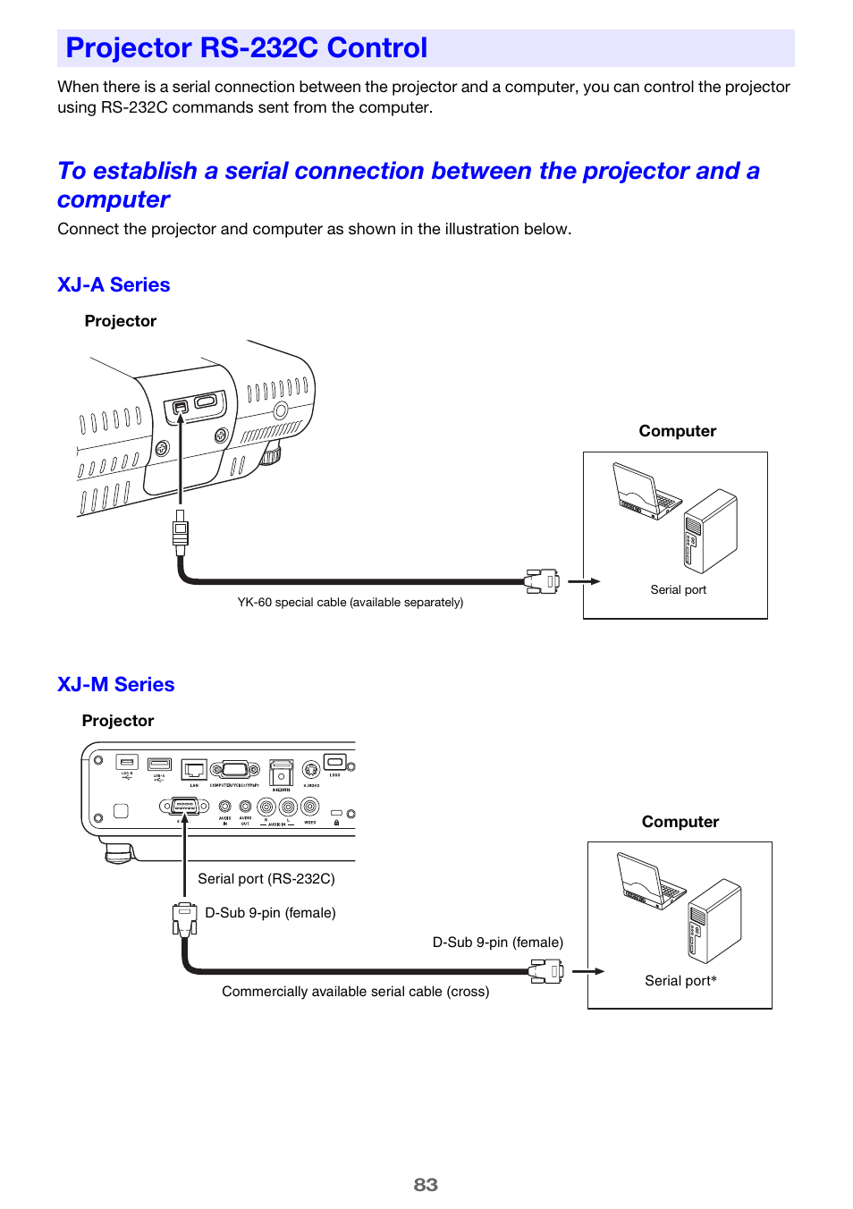 Projector rs-232c control, See “projector, Xj-a series xj-m series | Casio XJ-A142 User Guide User Manual | Page 83 / 103