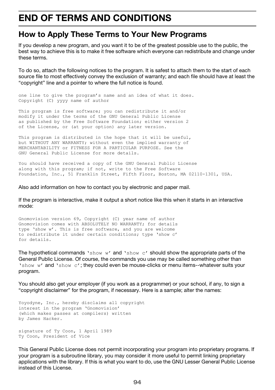 End of terms and conditions, How to apply these terms to your new programs | Casio XJ-A142 User Guide User Manual | Page 94 / 103