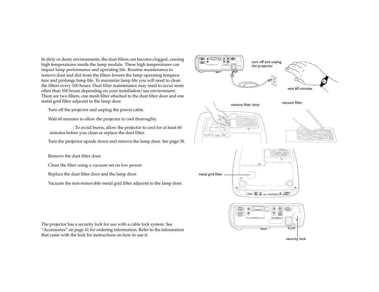 Cleaning the dust filters, Using the security lock, Cleaning the dust filter | Audio out audio in | Dukane 8772 User Manual | Page 41 / 48