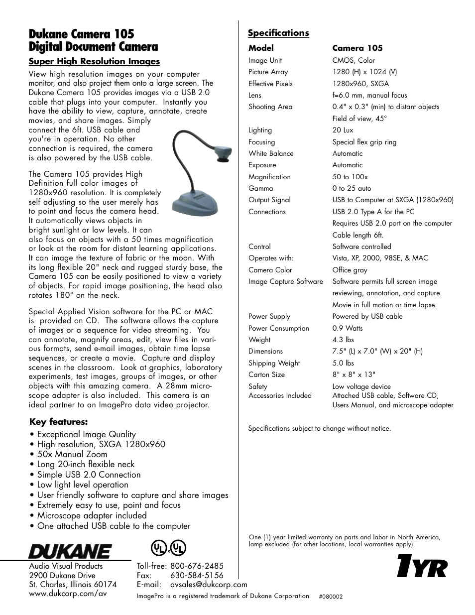 Dukane camera 105 digital document camera | Dukane 105 User Manual | Page 2 / 2