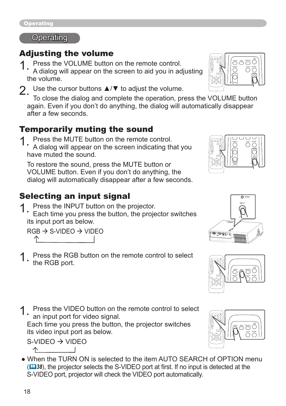 Operating, Adjusting the volume, Temporarily muting the sound | Selecting an input signal, Operating adjusting the volume | Dukane 8064 User Manual | Page 20 / 70