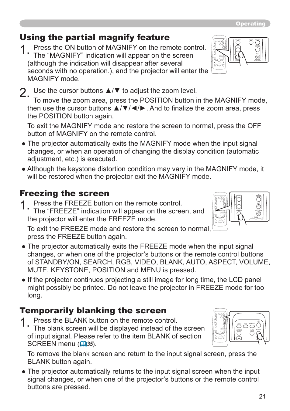 Using the partial magnify feature, Freezing the screen, Temporarily blanking the screen | Operating | Dukane 8064 User Manual | Page 23 / 70