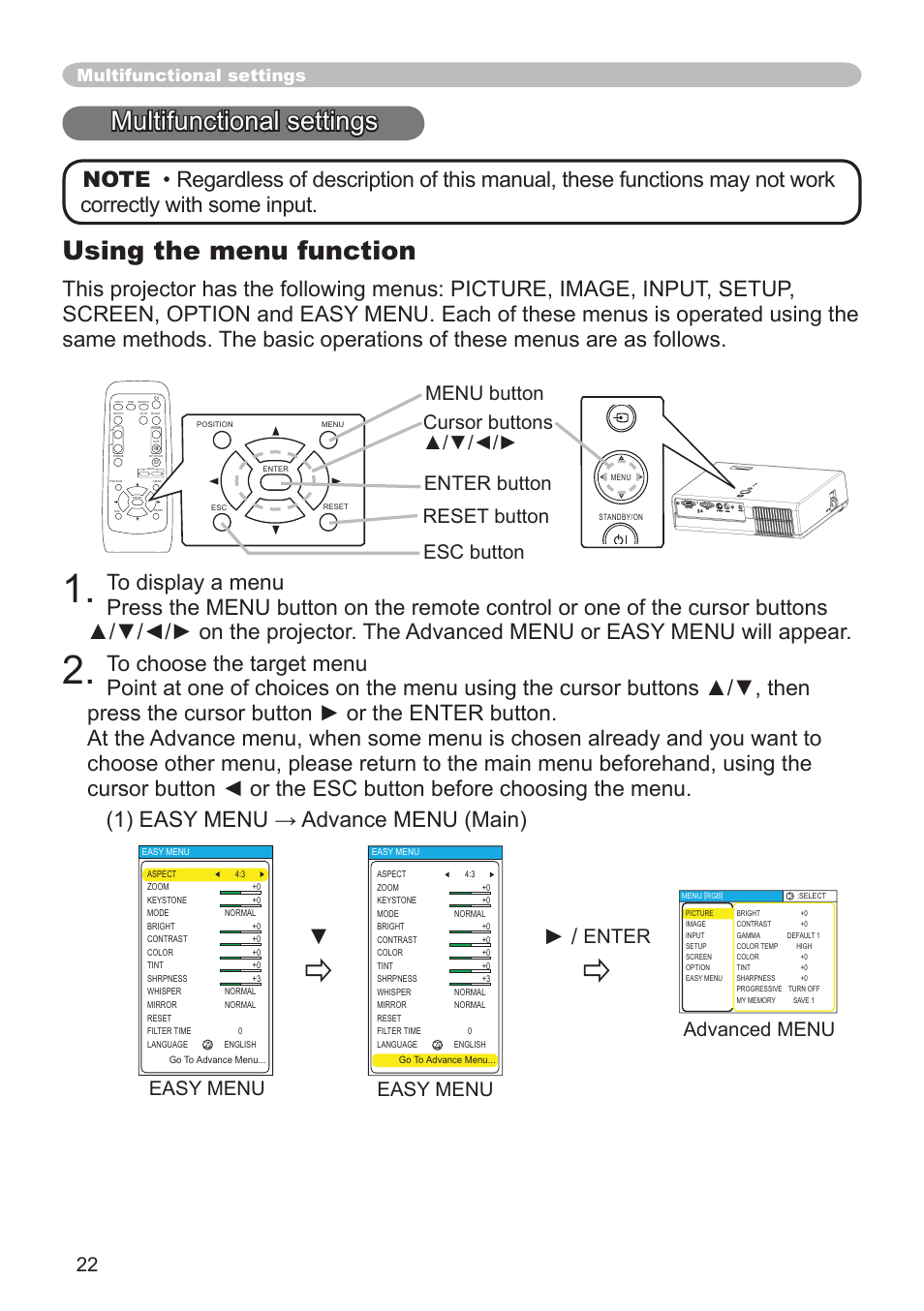 Multifunctional settings, Using the menu function, Enter | Advanced menu, Easy menu | Dukane 8064 User Manual | Page 24 / 70