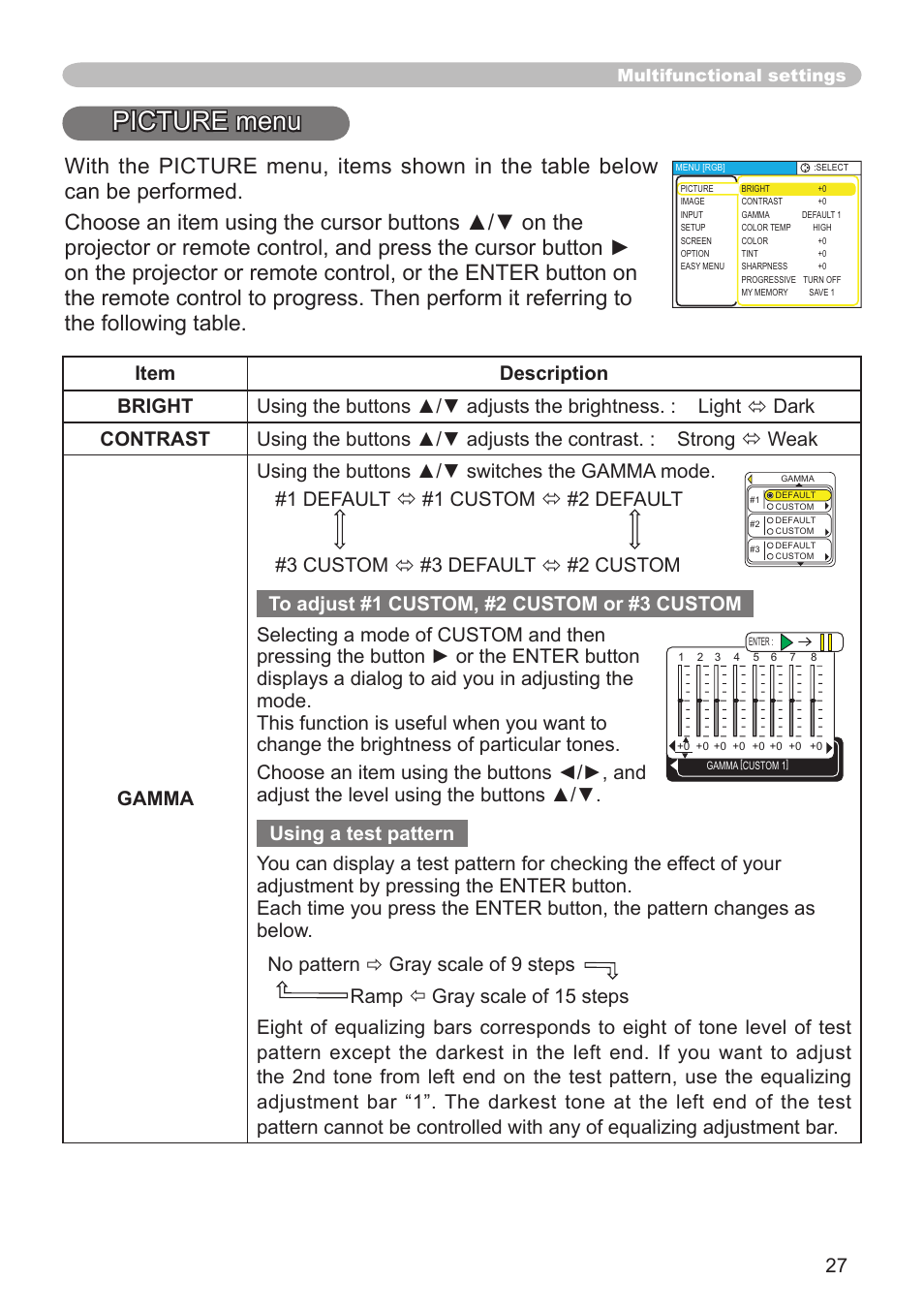 Picture menu, Bright, contrast, gamma, color temp, Color, tint, sharpness, progressive | My memory | Dukane 8064 User Manual | Page 29 / 70