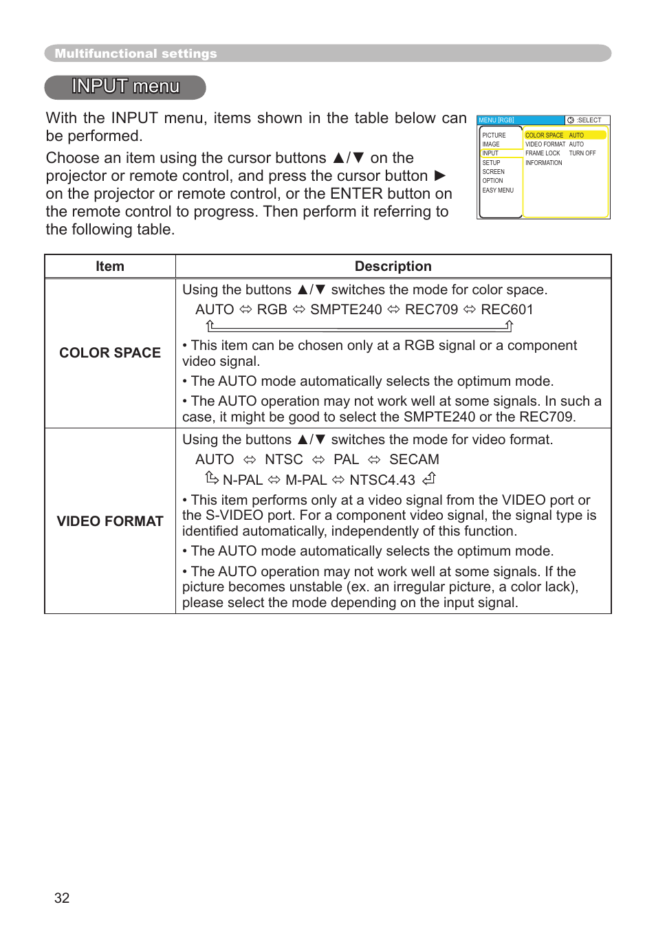 Input menu, Color space, video format, frame lock, Information | Dukane 8064 User Manual | Page 34 / 70