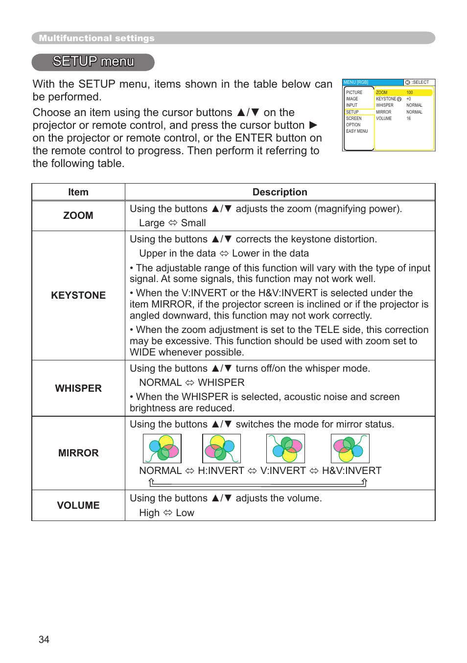 Setup menu, Zoom, Keystone, whisper, mirror | Volume | Dukane 8064 User Manual | Page 36 / 70