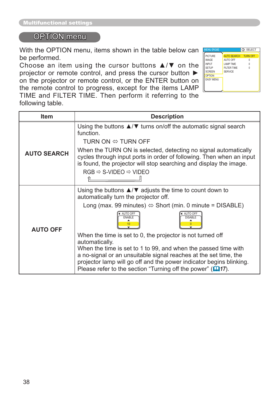 Option menu, Auto search, auto off, lamp time, Filter time, service | Dukane 8064 User Manual | Page 40 / 70