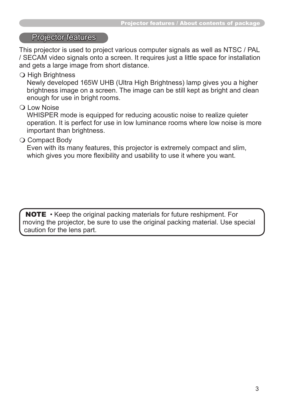 Projector features, About contents of package | Dukane 8064 User Manual | Page 5 / 70