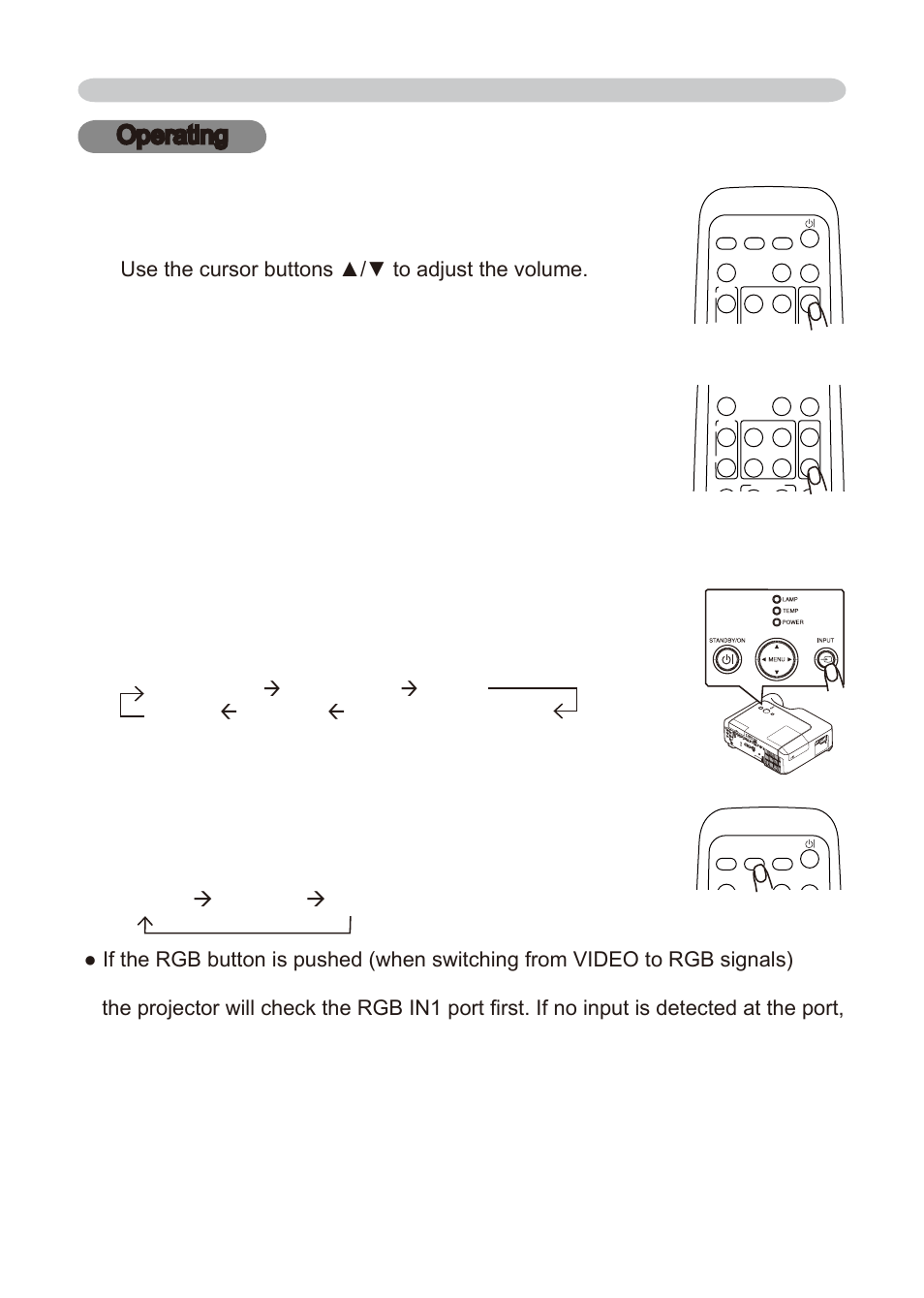 Operating adjusting the volume, Temporarily muting the sound, Selecting an input signal | Dukane 8776-W User Manual | Page 22 / 174