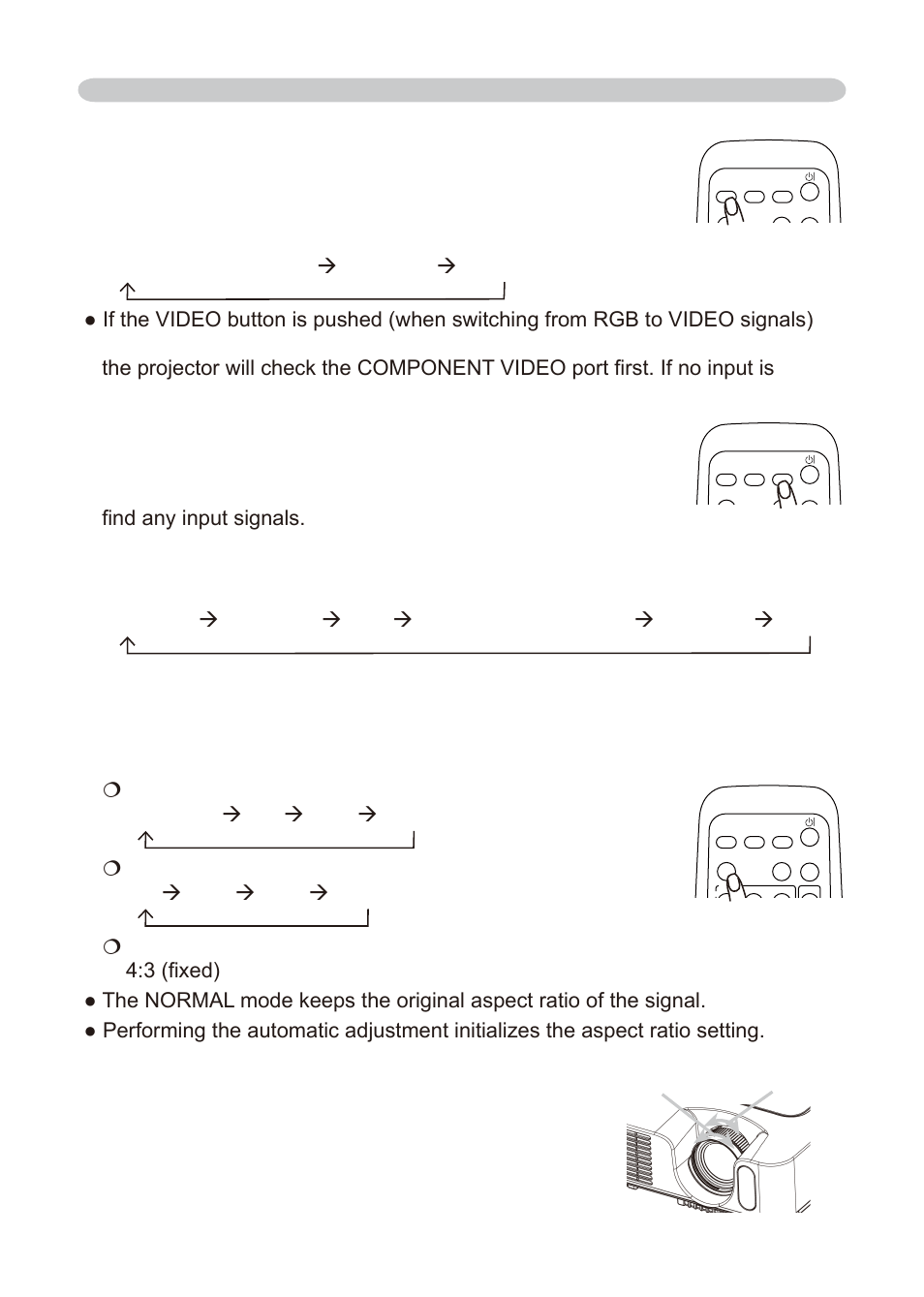 Adjusting the zoom and focus, Selecting an aspect ratio, Searching an input signal | Use the zoom ring to adjust the screen size, Use the focus ring to focus the picture, Selecting an input signal (continued), Zoom ring focus ring | Dukane 8776-W User Manual | Page 23 / 174