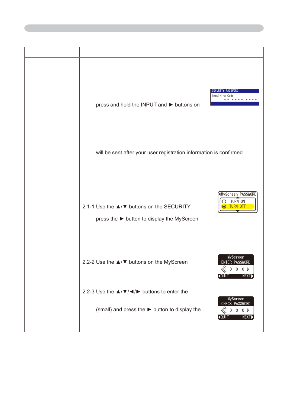 Using the myscreen password function, Password, Option menu (continued) | Dukane 8776-W User Manual | Page 49 / 174