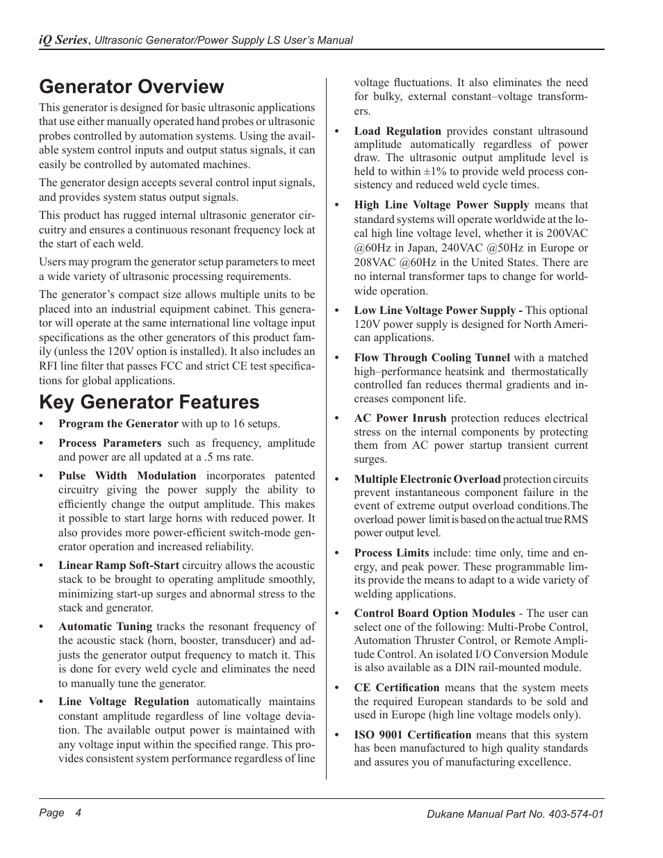 Generator overview, Key generator features | Dukane ULTRASONIC GENERATOR/POWER SUPPLY LS 403-574-01 User Manual | Page 10 / 136