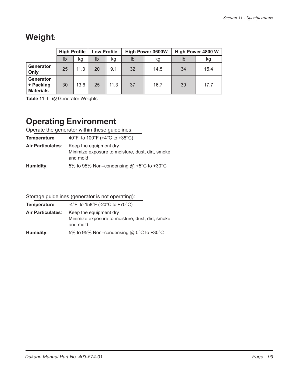 Operating environment, Weight | Dukane ULTRASONIC GENERATOR/POWER SUPPLY LS 403-574-01 User Manual | Page 105 / 136