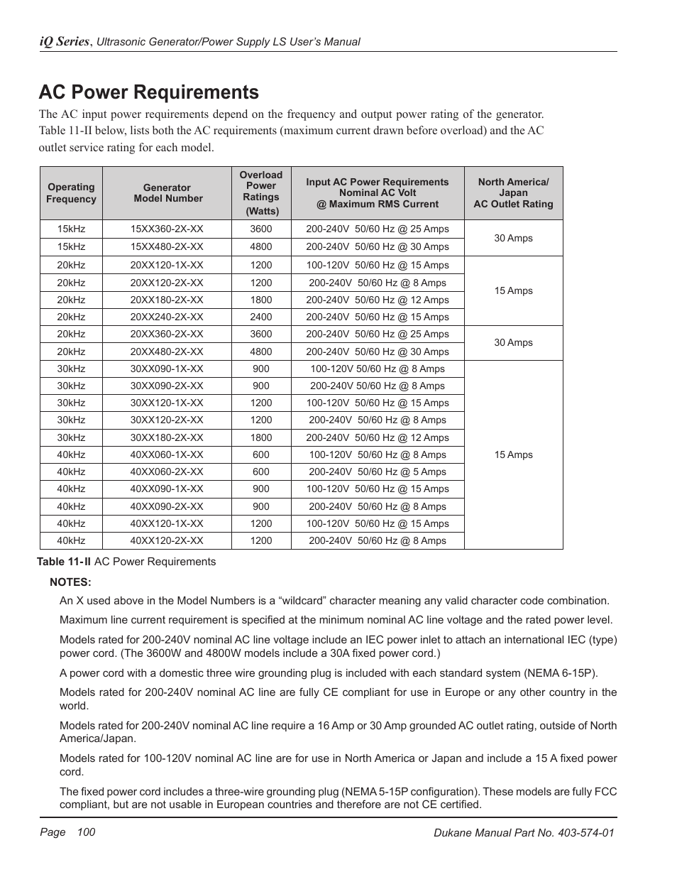 Ac power requirements, Iq series | Dukane ULTRASONIC GENERATOR/POWER SUPPLY LS 403-574-01 User Manual | Page 106 / 136