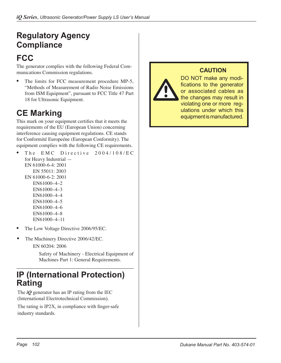 Regulatory agency compliance, Ip (international protection) rating, Ce marking | Dukane ULTRASONIC GENERATOR/POWER SUPPLY LS 403-574-01 User Manual | Page 108 / 136