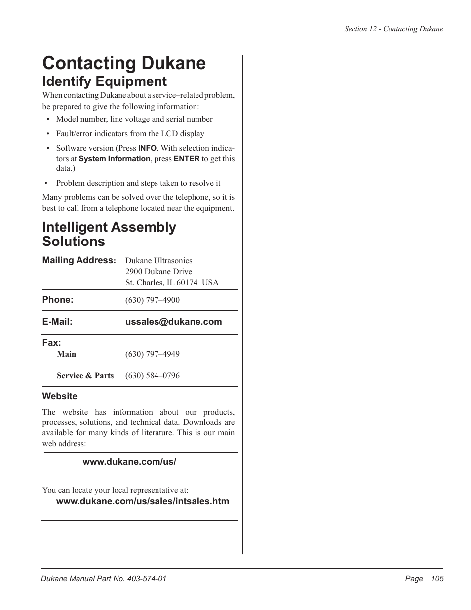 Contacting dukane, Identify equipment, Intelligent assembly solutions | Dukane ULTRASONIC GENERATOR/POWER SUPPLY LS 403-574-01 User Manual | Page 111 / 136