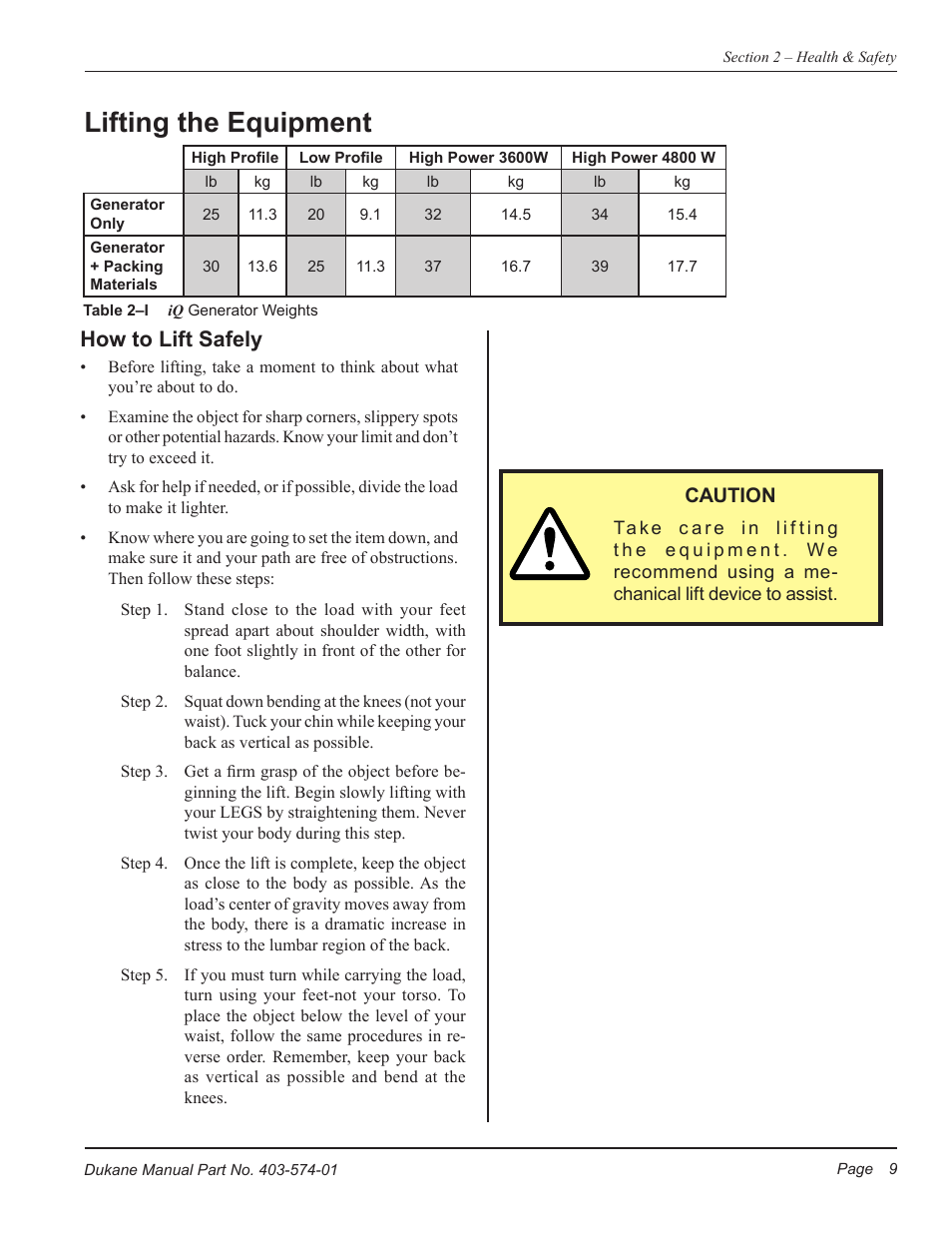 Lifting the equipment, How to lift safely, Caution | Dukane ULTRASONIC GENERATOR/POWER SUPPLY LS 403-574-01 User Manual | Page 15 / 136