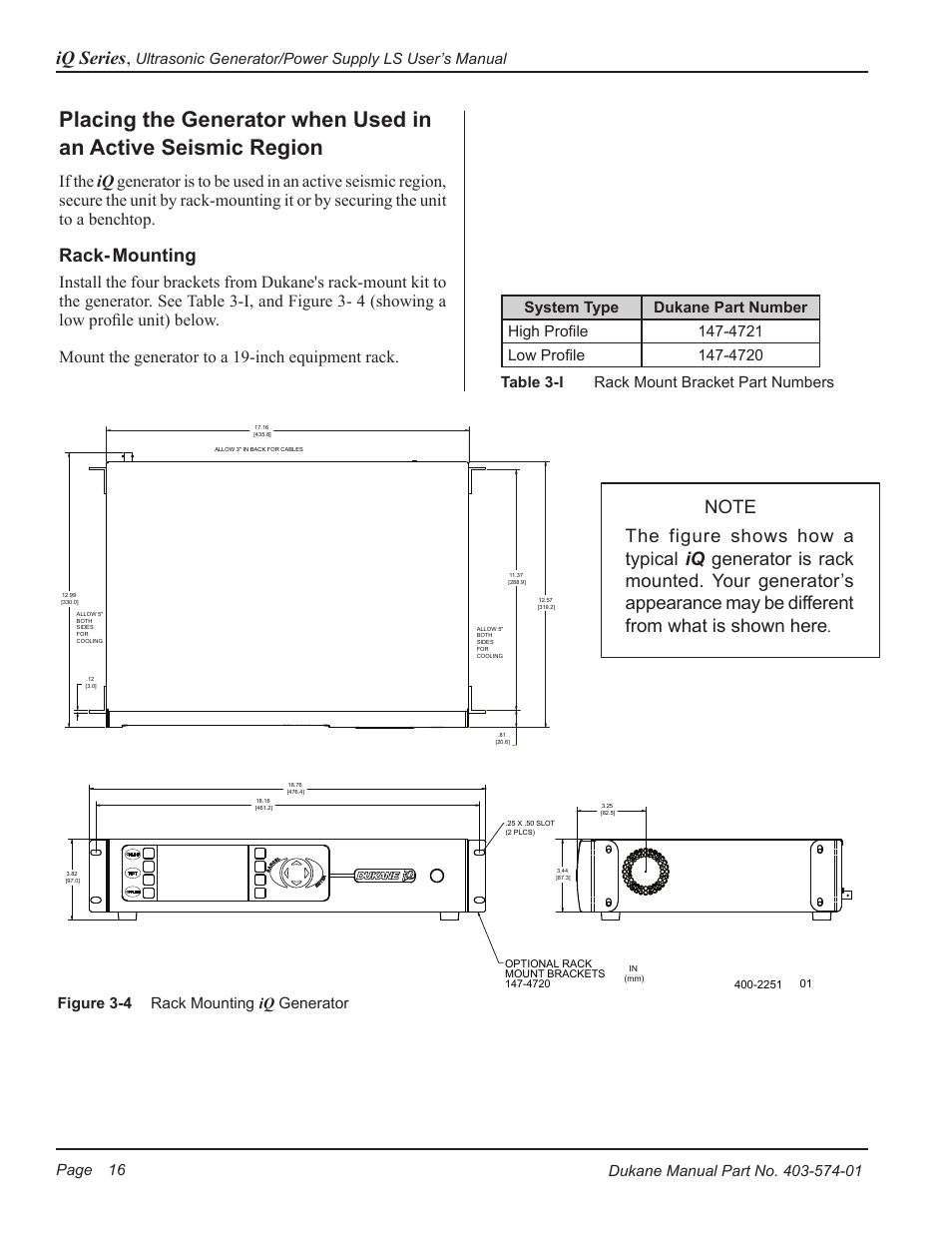 Iq series, Rack- mounting, Page 1 | Figure 3-4, Rack mount bracket part numbers | Dukane ULTRASONIC GENERATOR/POWER SUPPLY LS 403-574-01 User Manual | Page 22 / 136