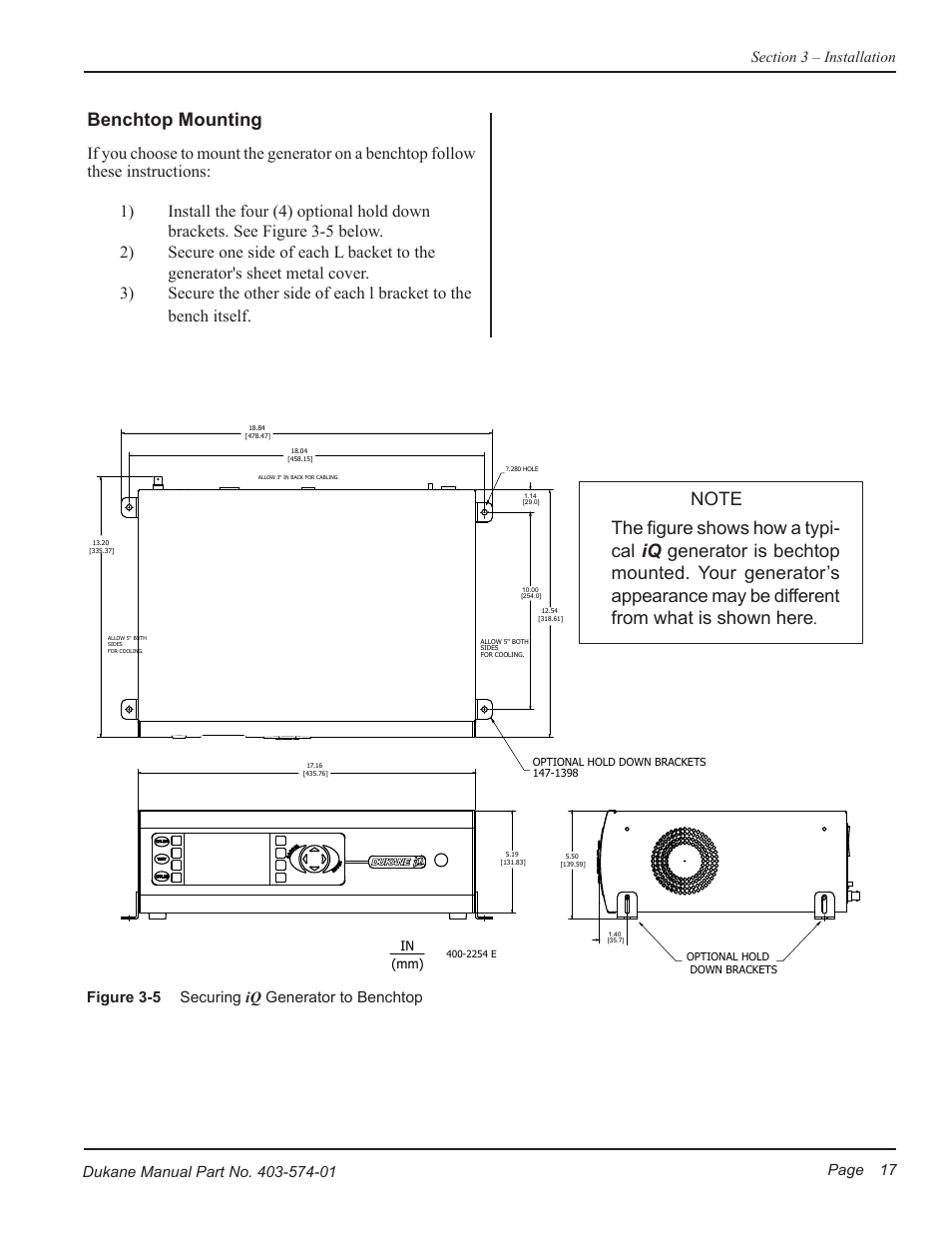 Benchtop mounting, Figure 3-5, Securing iq generator to benchtop | Dukane ULTRASONIC GENERATOR/POWER SUPPLY LS 403-574-01 User Manual | Page 23 / 136