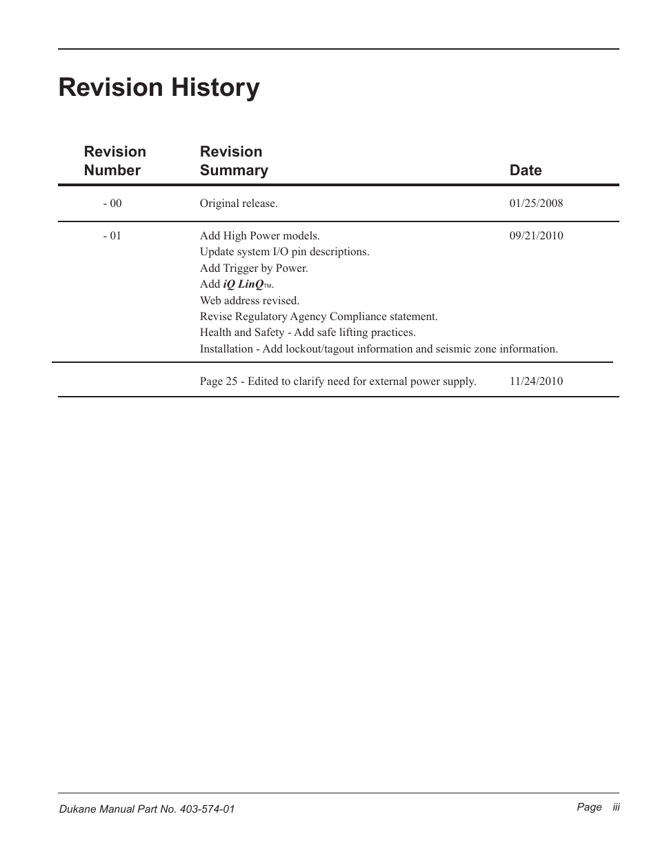 Revision history, Revision, Revision number summary date | Dukane ULTRASONIC GENERATOR/POWER SUPPLY LS 403-574-01 User Manual | Page 3 / 136