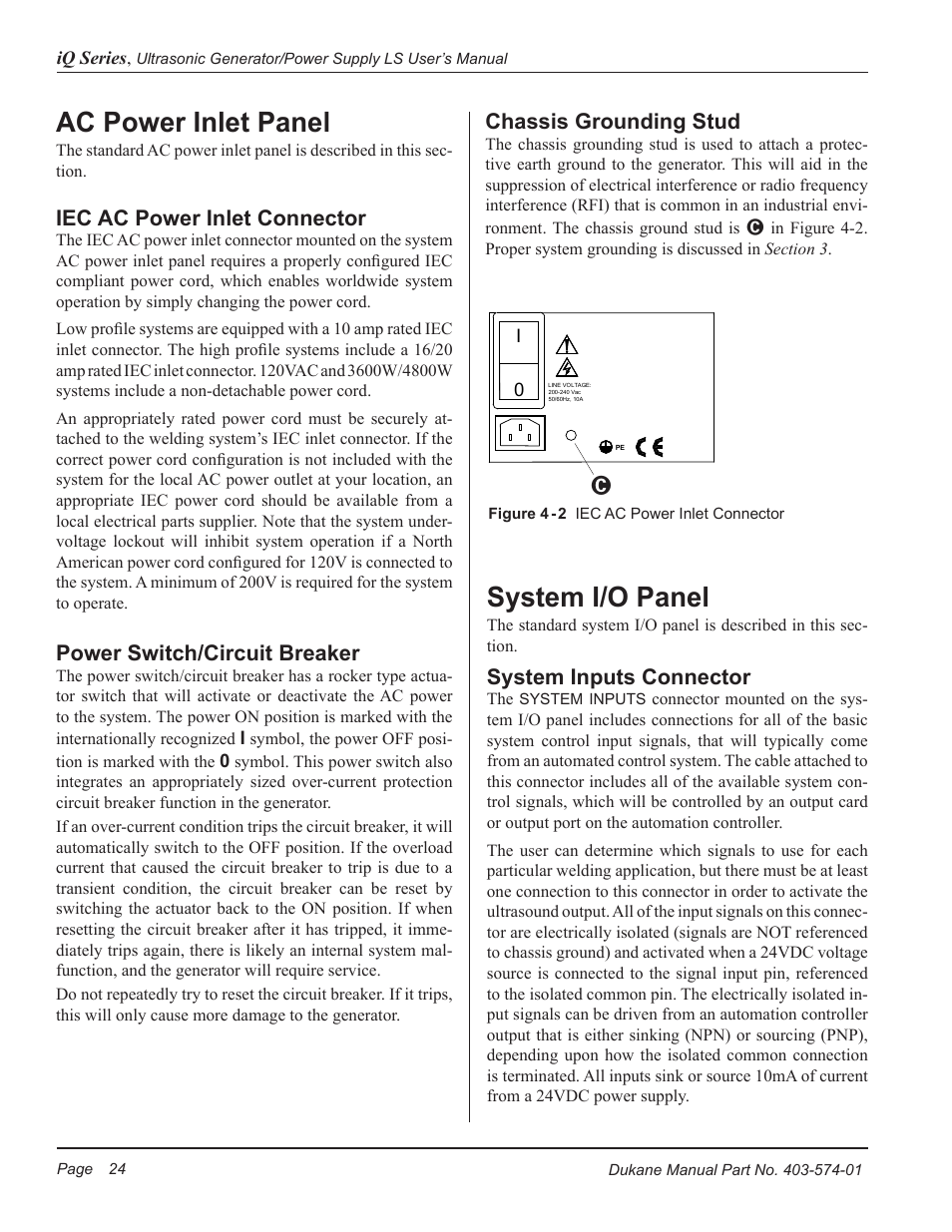 Ac power inlet panel, System i/o panel, Iec ac power inlet connector | Power switch/circuit breaker, System inputs connector, Chassis grounding stud | Dukane ULTRASONIC GENERATOR/POWER SUPPLY LS 403-574-01 User Manual | Page 30 / 136