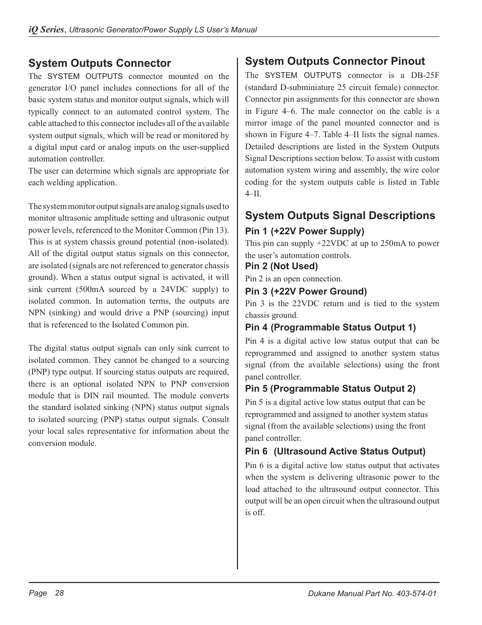 System outputs connector, System outputs connector pinout, System outputs signal descriptions | Dukane ULTRASONIC GENERATOR/POWER SUPPLY LS 403-574-01 User Manual | Page 34 / 136