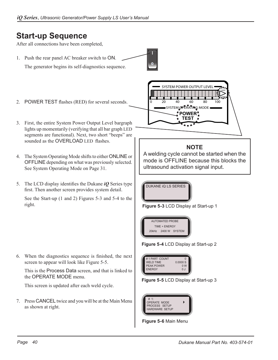 Start-up sequence | Dukane ULTRASONIC GENERATOR/POWER SUPPLY LS 403-574-01 User Manual | Page 46 / 136