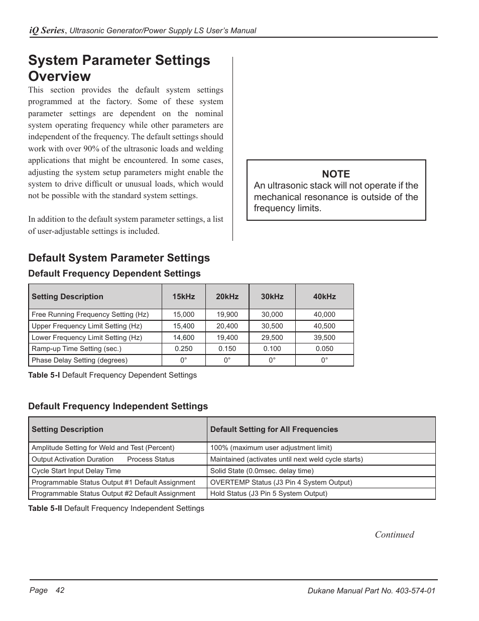 System parameter settings overview, Default system parameter settings | Dukane ULTRASONIC GENERATOR/POWER SUPPLY LS 403-574-01 User Manual | Page 48 / 136