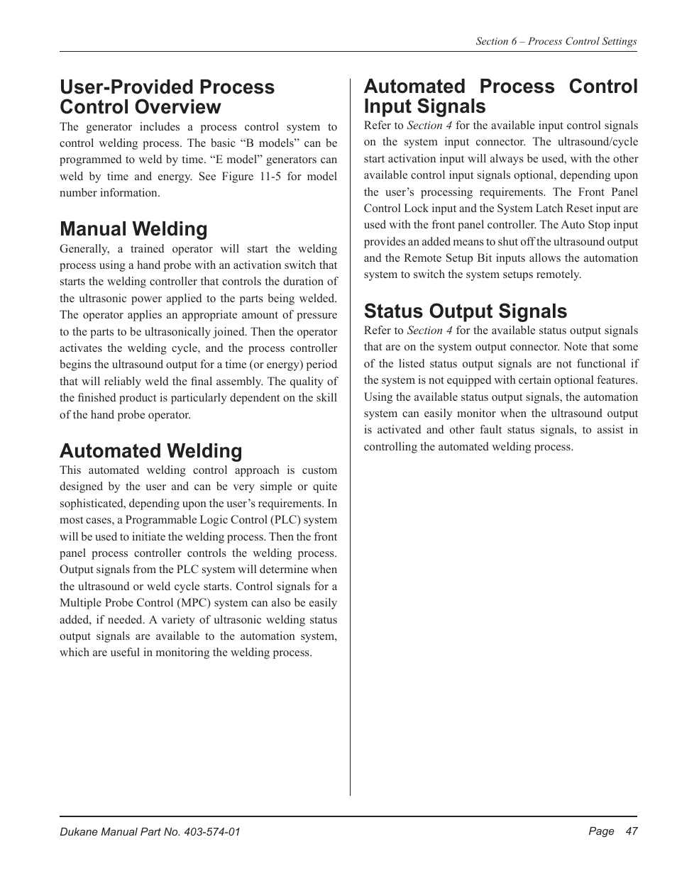 User- provided process control overview, Manual welding, Automated welding | Automated process control input signals, Status output signals | Dukane ULTRASONIC GENERATOR/POWER SUPPLY LS 403-574-01 User Manual | Page 53 / 136