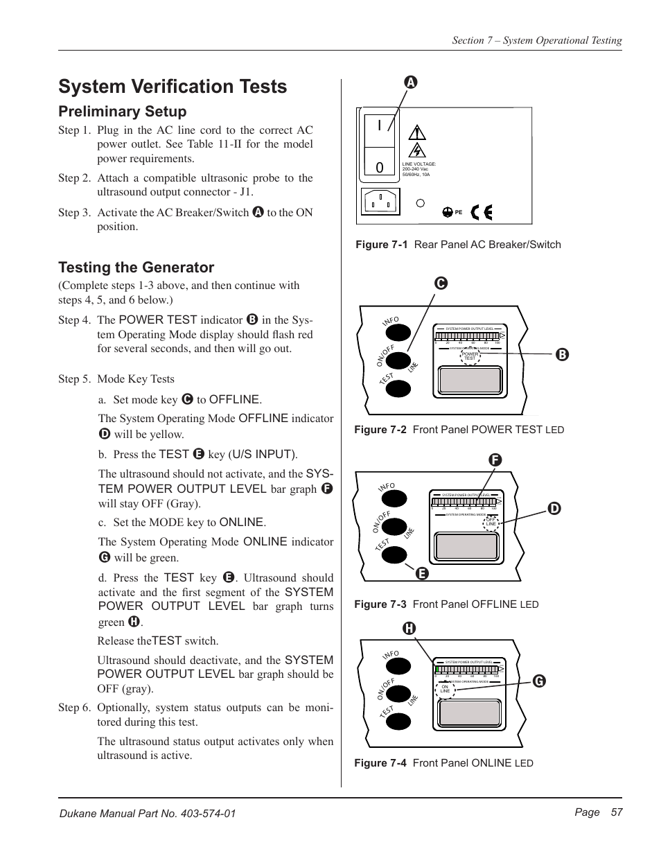 System verification tests, Preliminary setup, Testing the generator | De f, Hg a, Step 5. mode key tests a. set mode key, Will be yellow. b. press the test, Will be green. d. press the test key, Figure 7 - 1 rear panel ac breaker/switch, Figure 7 - 2 front panel power test | Dukane ULTRASONIC GENERATOR/POWER SUPPLY LS 403-574-01 User Manual | Page 63 / 136