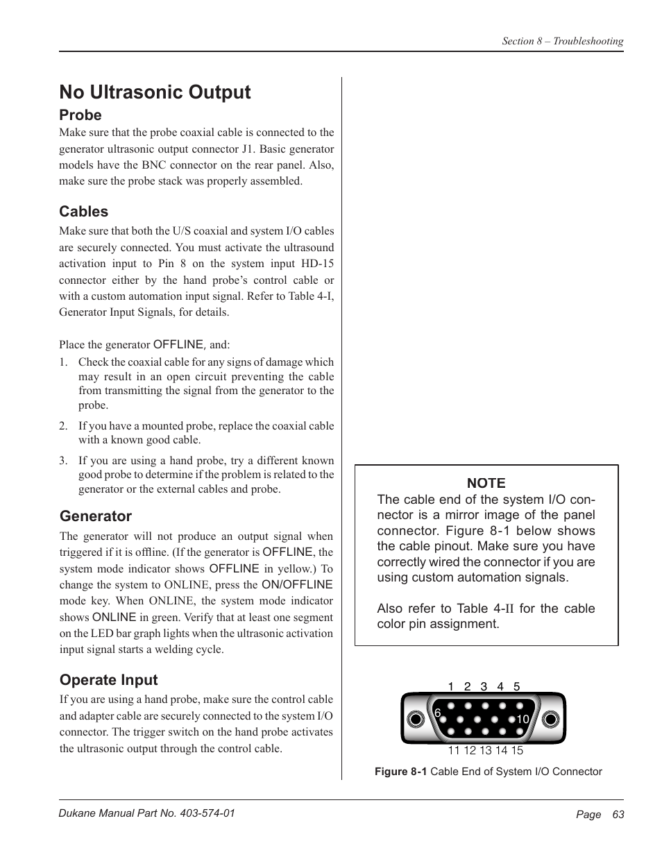 No ultrasonic output | Dukane ULTRASONIC GENERATOR/POWER SUPPLY LS 403-574-01 User Manual | Page 69 / 136