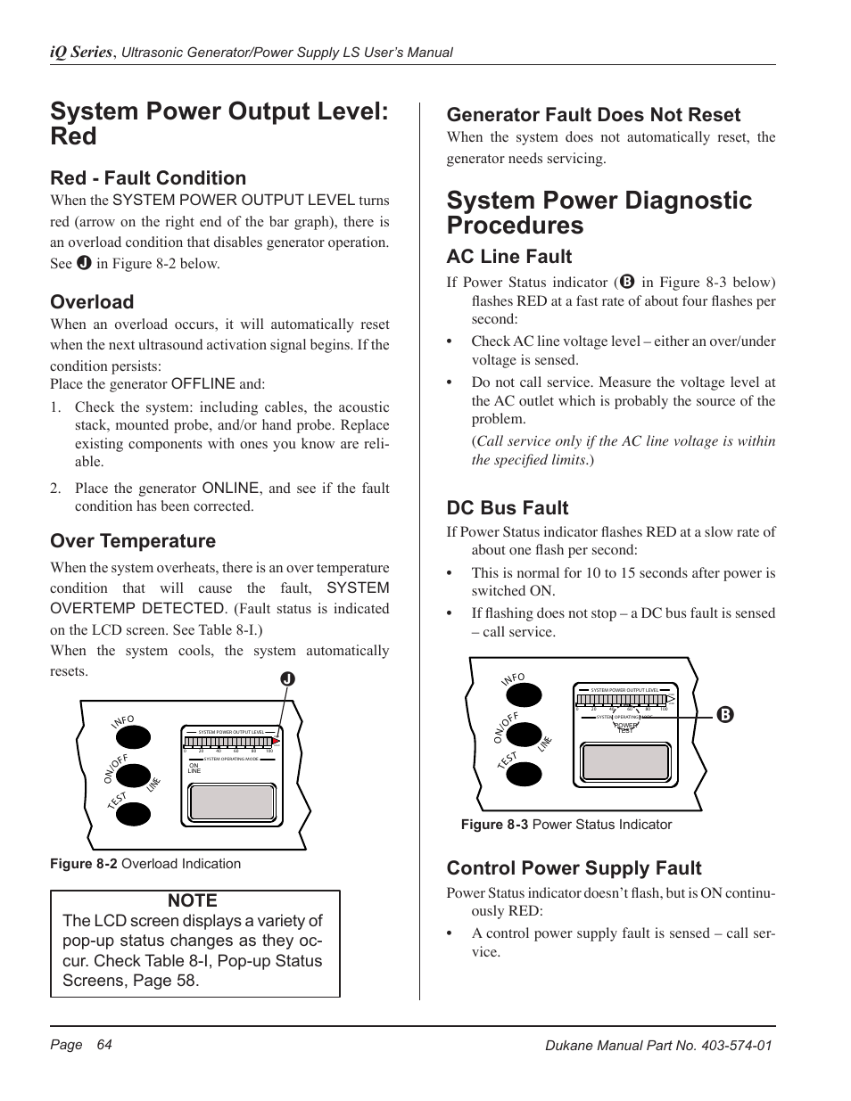 System power output level: red, System power diagnostic procedures, Red - fault condition | Overload, Over temperature, Generator fault does not reset, Ac line fault, Dc bus fault, Control power supply fault, Iq series | Dukane ULTRASONIC GENERATOR/POWER SUPPLY LS 403-574-01 User Manual | Page 70 / 136