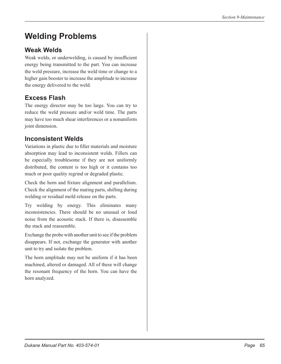 Welding problems | Dukane ULTRASONIC GENERATOR/POWER SUPPLY LS 403-574-01 User Manual | Page 71 / 136