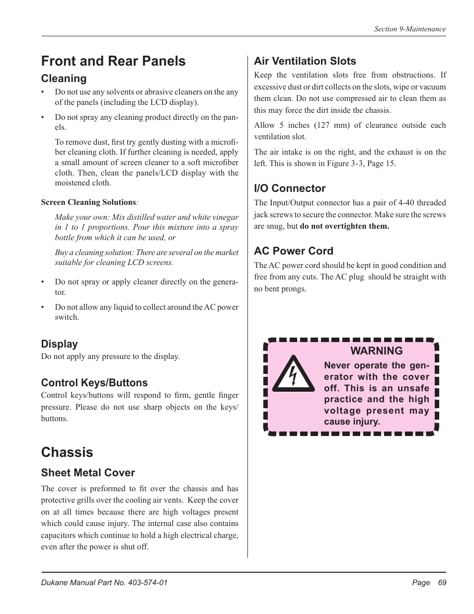 Front and rear panels, Chassis | Dukane ULTRASONIC GENERATOR/POWER SUPPLY LS 403-574-01 User Manual | Page 75 / 136