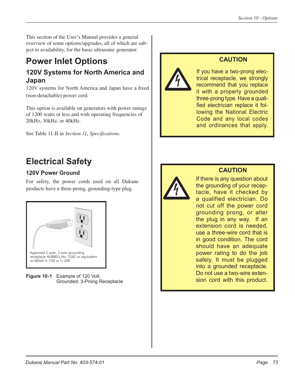 Power inlet options, Electrical safety | Dukane ULTRASONIC GENERATOR/POWER SUPPLY LS 403-574-01 User Manual | Page 79 / 136