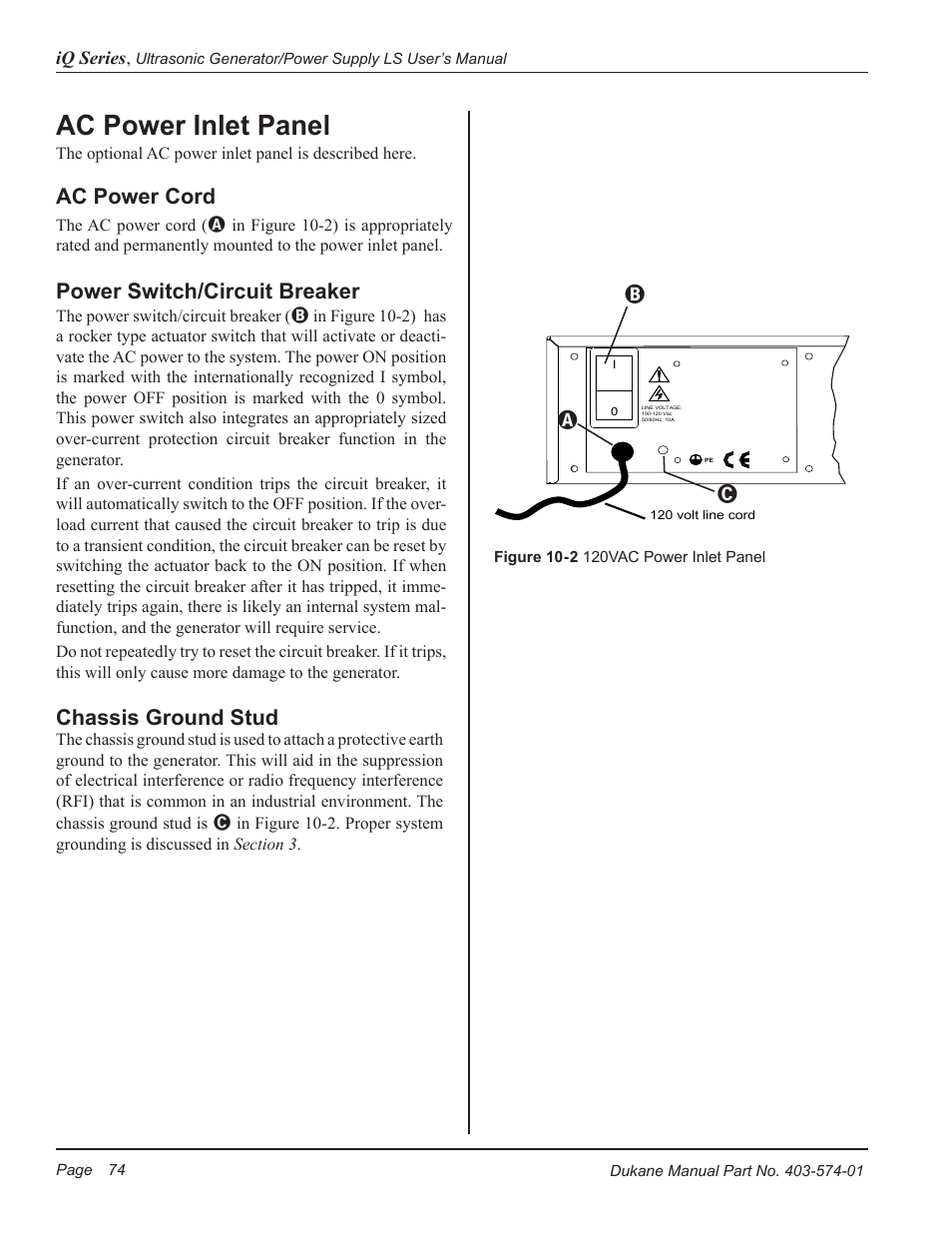 Ac power inlet panel, Ac power cord, Power switch/circuit breaker | Chassis ground stud, Ab c | Dukane ULTRASONIC GENERATOR/POWER SUPPLY LS 403-574-01 User Manual | Page 80 / 136