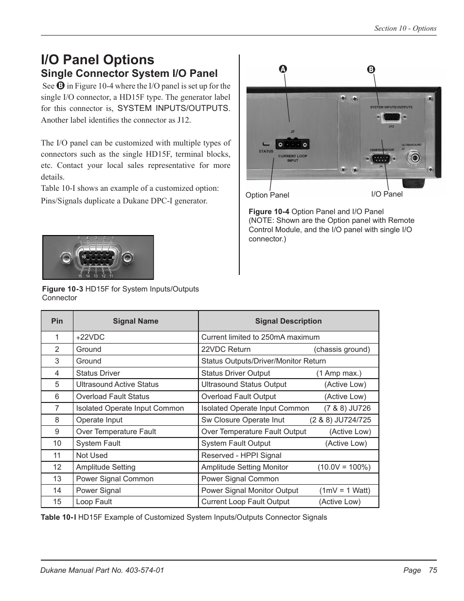 I/o panel options, Single connector system i/o panel | Dukane ULTRASONIC GENERATOR/POWER SUPPLY LS 403-574-01 User Manual | Page 81 / 136